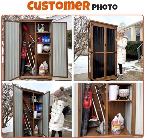 Outdoor Storage Cabinet with Shelves, Wood & Metal Storage Shed with Weat...