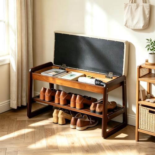 SOBIBO Solid Wood Shoe Rack Bench with Flip-Top Storage, Gray, 31.5"
