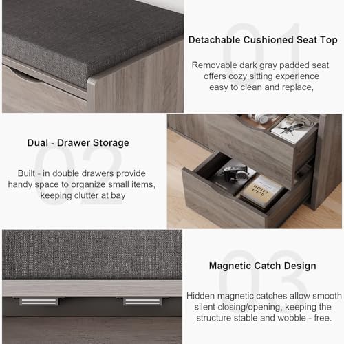LVB 2-Tier Storage Bench with Padded Cushion, Entryway Bench with 2 Drawers