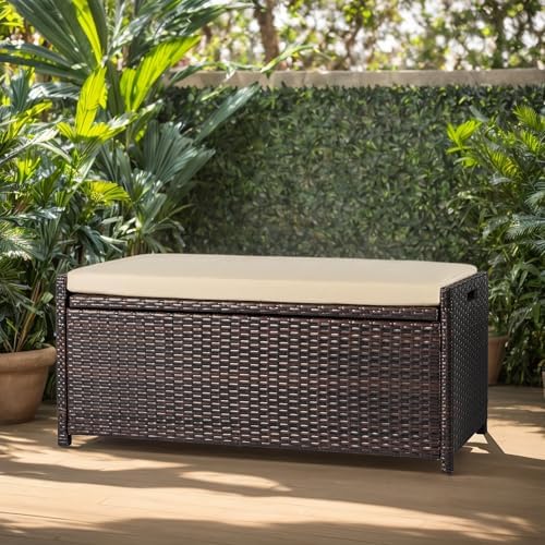 PROHIKER 2-in-1 Wicker Deck Box Bench, All-Weather 55 Gallon Outdoor Storage ...