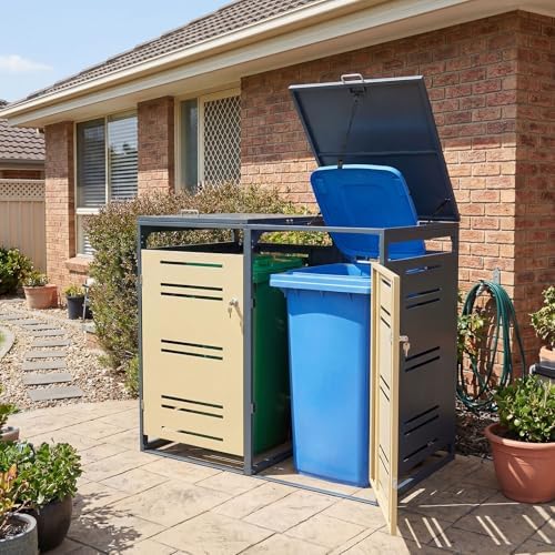 Goplus 44 Cu.Ft Outdoor Trash Can Storage, Garbage Can Hider Outdoor with 2 L...