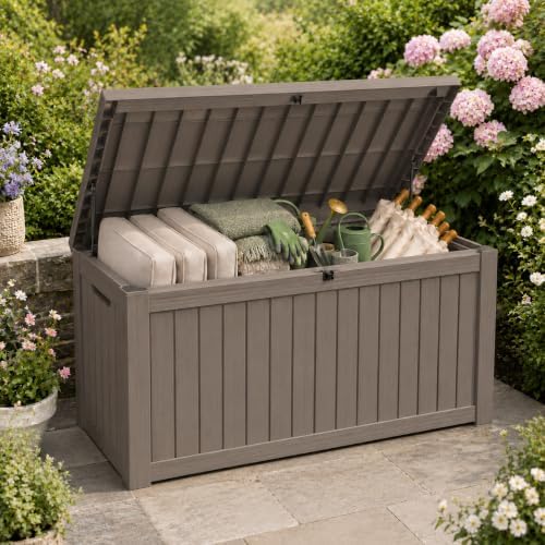 Outdoor Storage Box Resin Deck Box Waterproof Gray Brown 182 Gallon