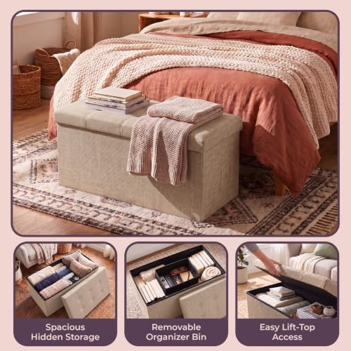 Lavish Home Folding Storage Ottoman Bench, Beige, 30”