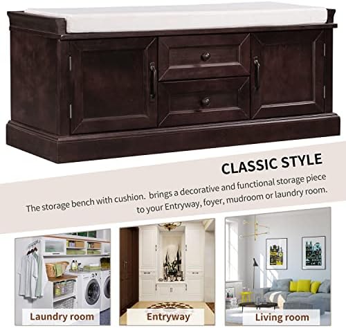 Knocbel 42.5" Storage Bench with Removable Cushion, 2 Drawers and 2 Cabi...