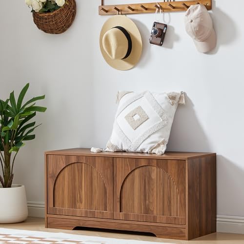 BERRYMERRY 39.4" Fluted 2 Tier Shoe Storage Bench with Shelf