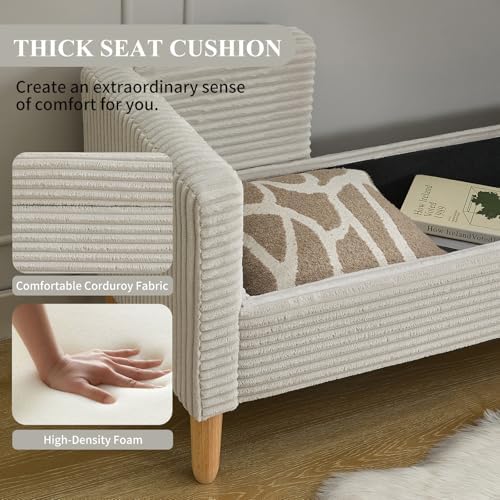 NIOIIKIT 65" Corduroy Upholstered Storage Ottoman Bench with 2 Pillows