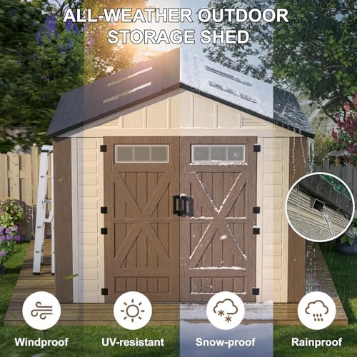8x12 Ft Outdoor Storage Shed with Floor, Large Resin Outdoor Shed with Lockab...