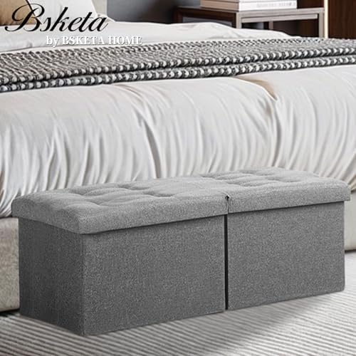 Bsketa Storage Ottoman Bench, 34" Folding Linen Foot Rest Stool, Dark Gray