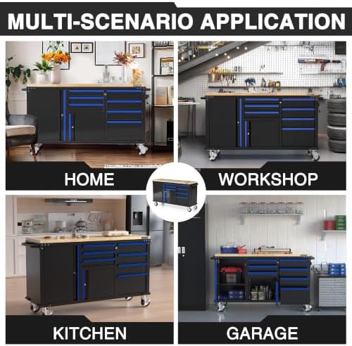 WORKPRO 62" x 20" Rolling Tool Chest, 7-Drawer & 2-Door, Blue &...