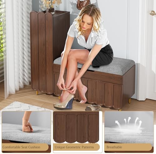 3More L-Shaped Entryway Shoe Bench with Cushioned Seat, Brown