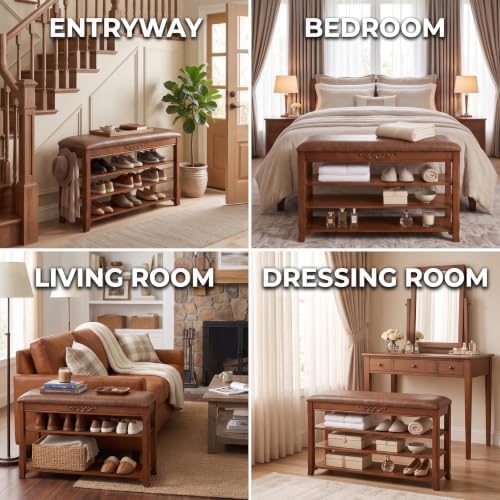 Solid Wood Shoe Rack Bench Entryway Storage with Leather Cushion, 39.4”