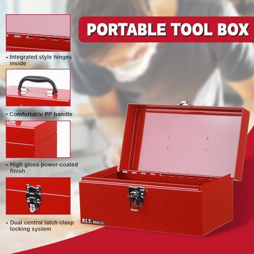 P.I.T. Metal Tool Box 12 Inch,Portable Small Toolbox with Latch,Red