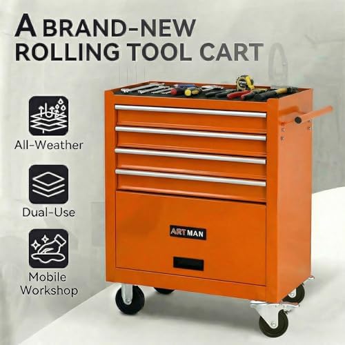 4 Drawers Tool Chest on Wheels, Multifunctional Rolling Tool Cart Tool Storag...