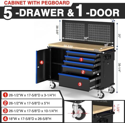 WORKPRO 52" x 20" Rolling Tool Chest with Pegboard, 5-Drawer & ...