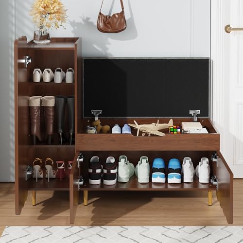 3More L-Shaped Entryway Shoe Bench with Cushioned Seat, Brown