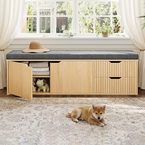 59" Storage Bench with Drawer, 2-Tier Shoe Bench with Storage, Long Entr...
