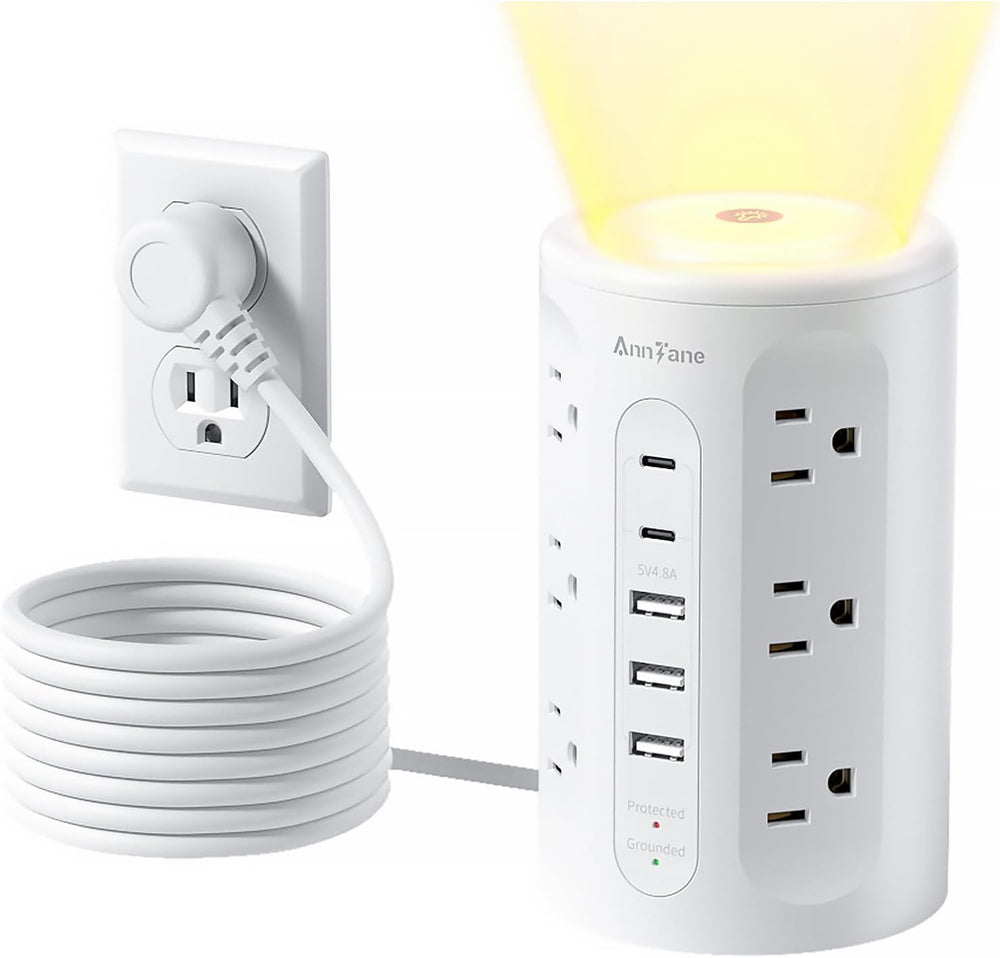AnnTane Power Strip Tower with Night Light, 15W Surge Protector Power Strip