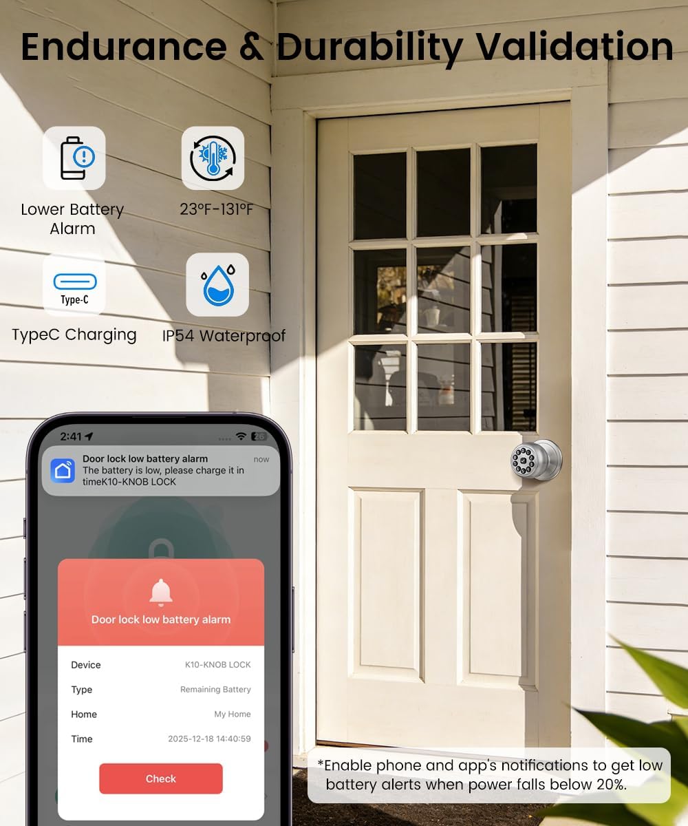 KLLOQUE Smart Door Lock,Smart Keypad Door Knob with Lock,Bright Silver