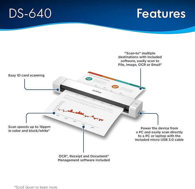 Brother DS-640 Compact Mobile Document Scanner, 1.5"x2"x11.9"