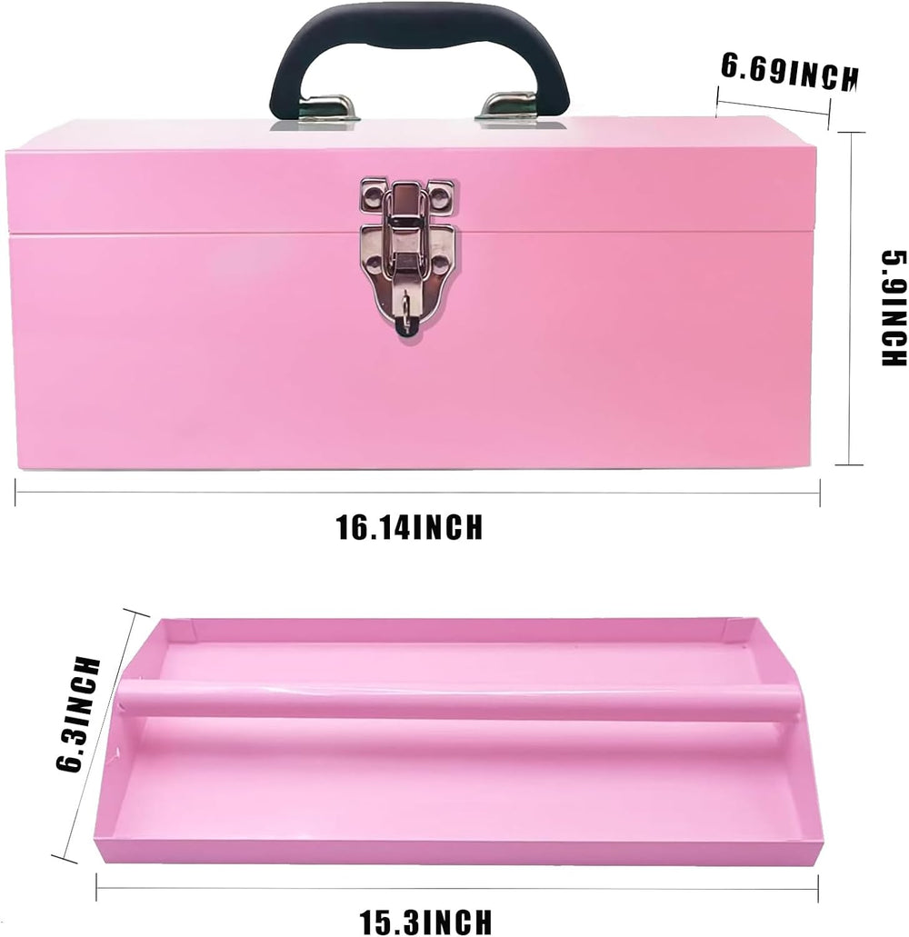 16" Portable Metal Toolbox Large Tool Box 18-Gauge Fishing Tackle Box To...
