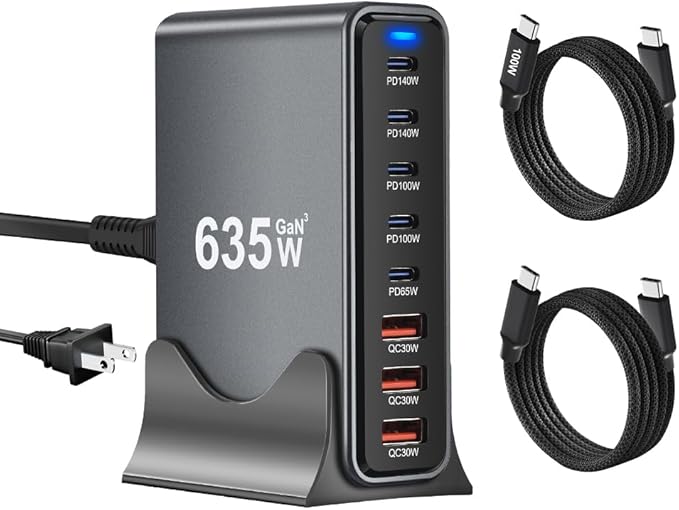 SquareWiz 635W GaN Super Fast Charging Station, 8 Port USB C Charger Block
