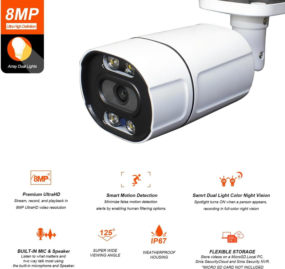 SINIS 4k PoE Camera Outdoor, 8MP 30fps Realtime Bullet Security IP Camera