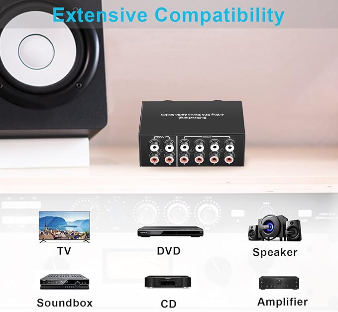 4-Way Stereo Audio Switcher, Bi-Directional Audio Selector Box