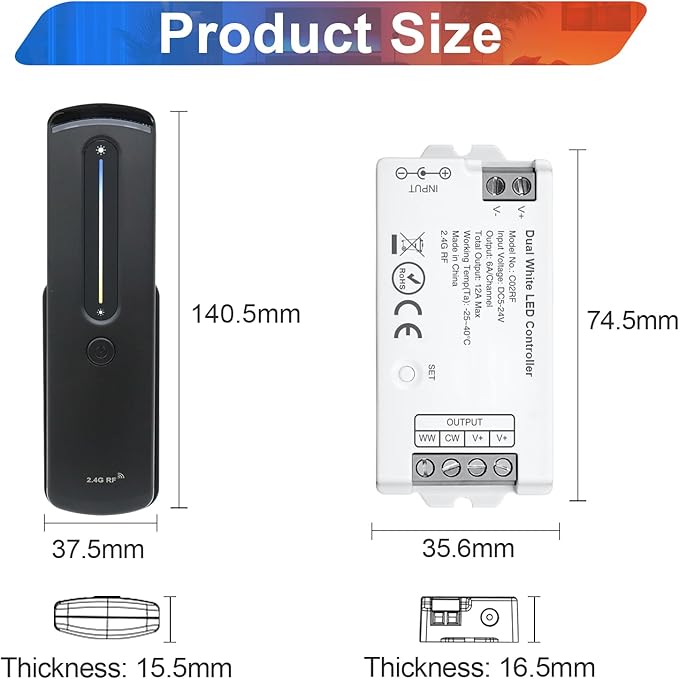 2.4GHz RF CCT LED Strip Controller Remote Kit, Wireless Remote & Tuya