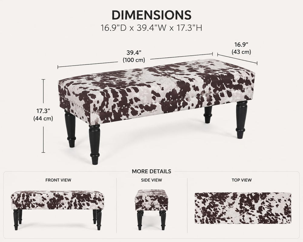 Homebeez 39.4" Cow Print Bench, Upholstered Bedroom Cowhide Bench, Weste...