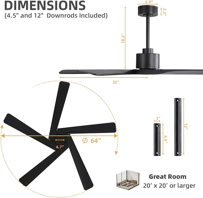 WINGBO 64" ABS DC Ceiling Fan No Light, 5 Blade ABS Plastic Ceiling Fan