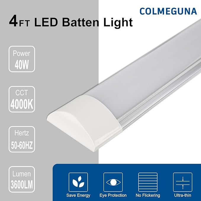 colmeguna 4 Packs 4FT LED Batten Light, Ultra-Thin Ceiling Surface Mounted Light