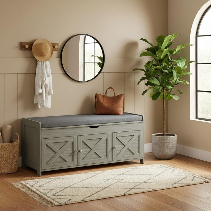 Pipishell Shoe Storage Bench, 2-Tier Shoe Bench with Cushioned Seat, Entryway Bench with Adjustable Shelf & Barn Doors, 300 lbs Capacity, 39.4" x 15" x 18", for Entryway, Bedroom, Living Room, Gray