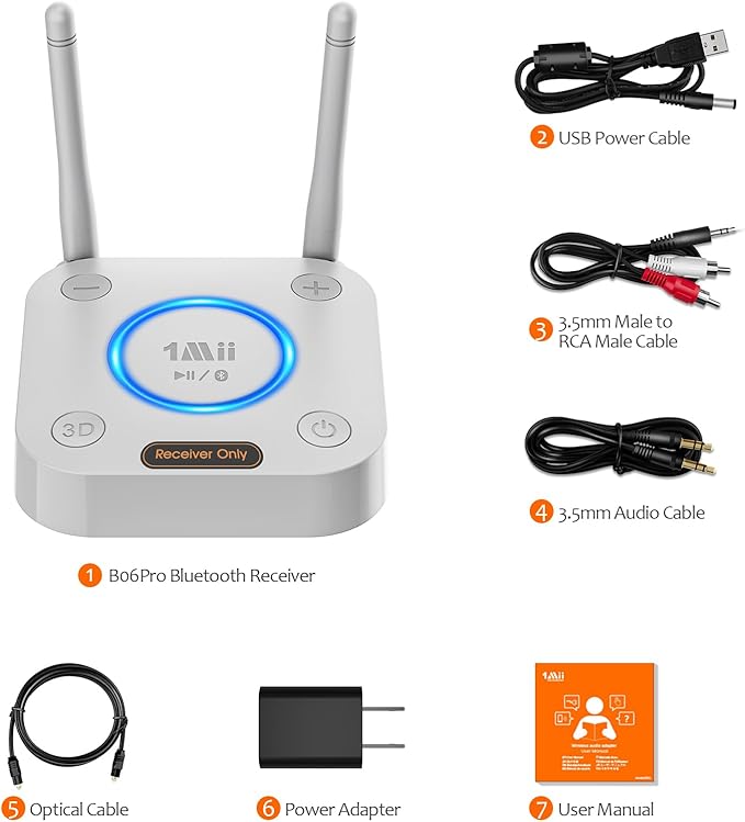 1Mii Bluetooth 5.2 Audio Receiver, Long Range HiFi Bluetooth Adapter w/ 3D