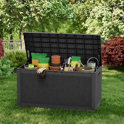 100 Gallon Deck Box, Waterproof Resin Rattan Outdoor Storage Box Lockable for...