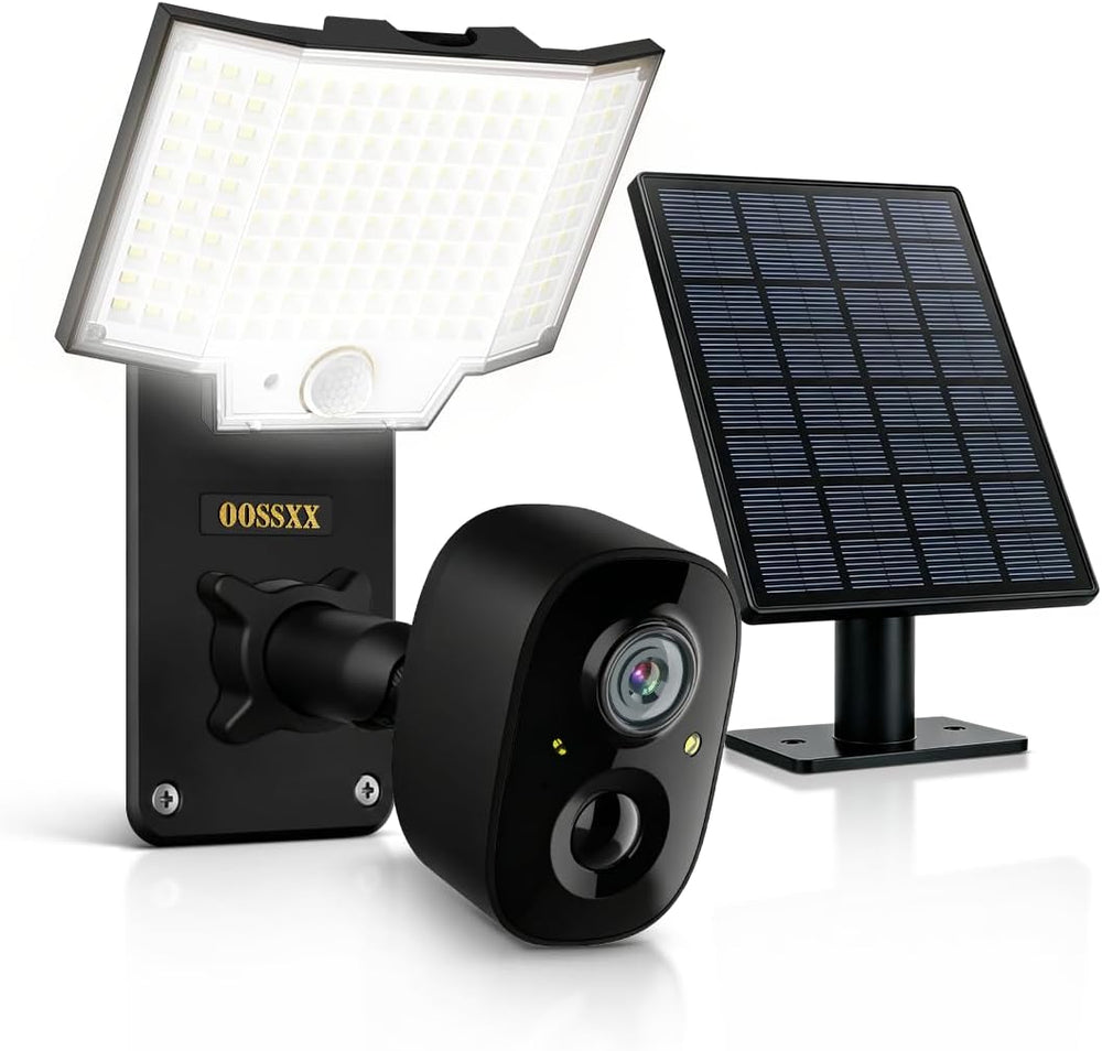 OOSSXX Solar Floodlight Security Camera Outdoor Wireless, 4MP HD 3-in-1