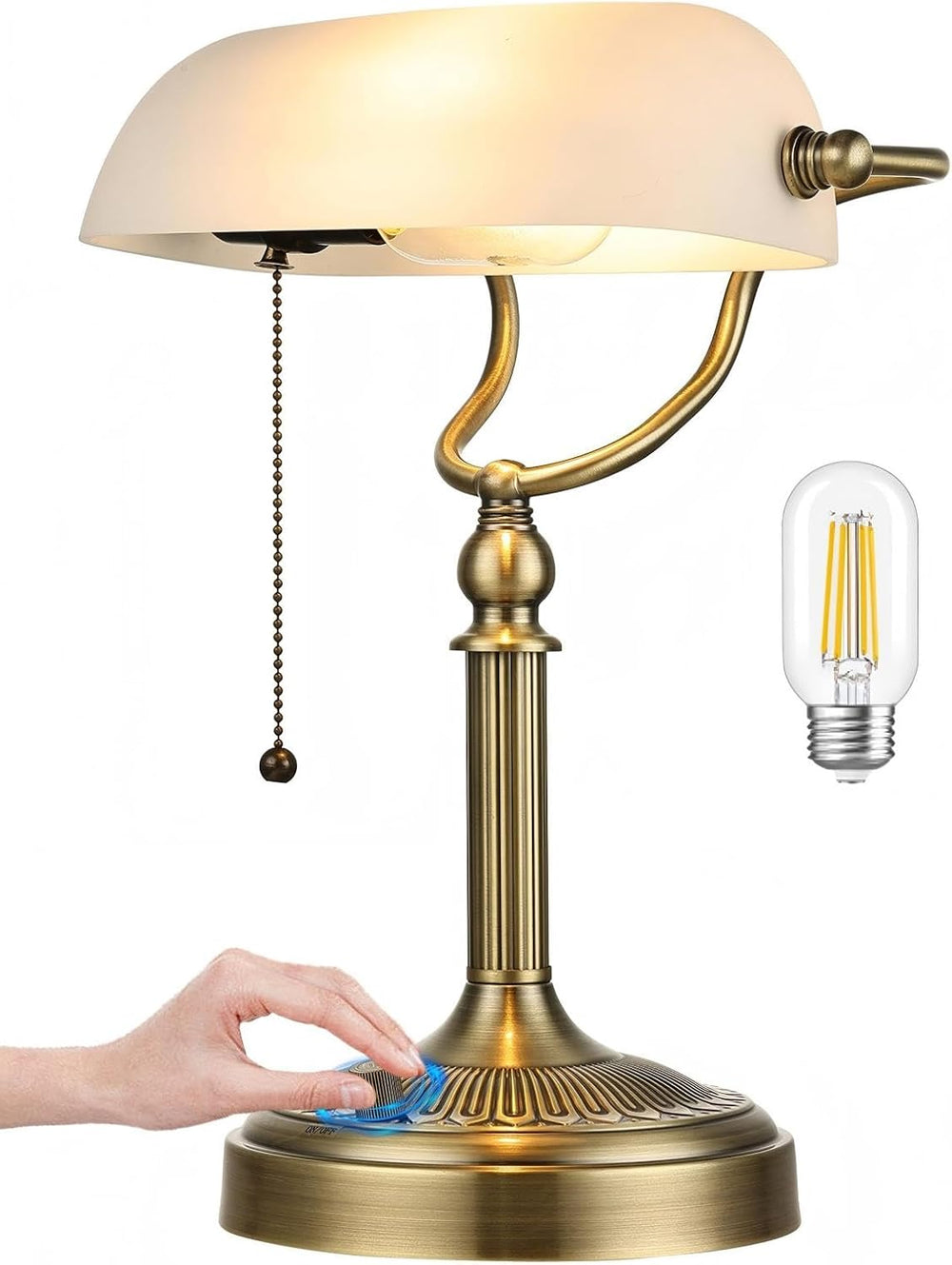 Newrays White Matted Glass Bankers Desk Lamp, Stepless Dimmable Table Lamp Plug