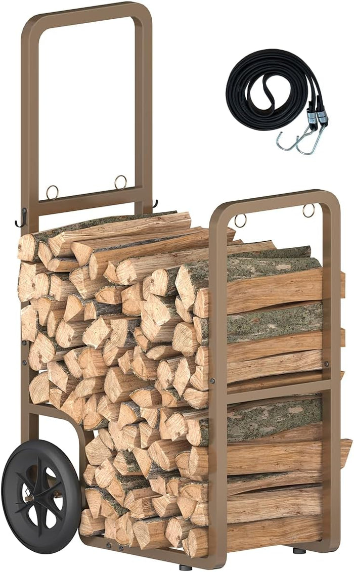 Easy-Assembly Firewood Cart, Rolling Log Carrier for Outdoor & Indoor Use, Wood Rack Storage Mover for Fireplace & Fire Pit, Heavy-Duty Steel Log Dolly Hauler with Rubber Wheels, Brown