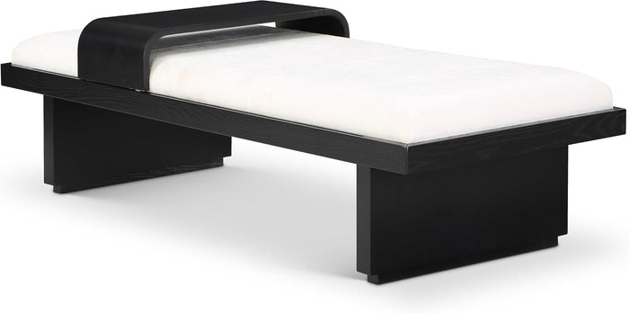 Meridian Furniture 22014Cream Arlington Collection Mid-Century Modern Bench with Soft Cream Chenille Fabric, Rich Black Finish, Solid Wood, Sliding Wooden Tray, 65" W x 26" D x 19.5" H, Cream