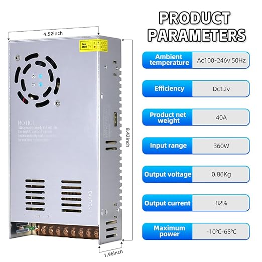 HuanQiuSensmart 110V AC to 12V DC Transformer, 12V 500W 40A Switching Power