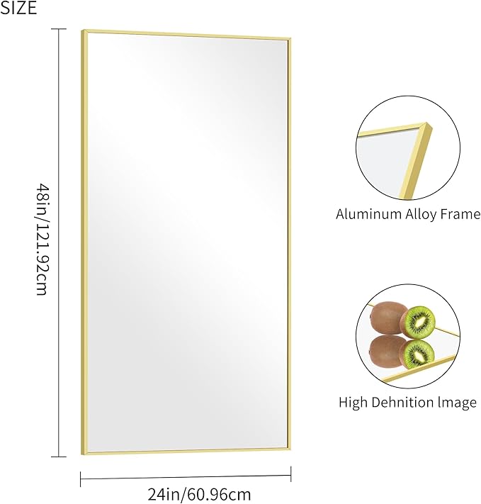 48x24In Gold Bathroom Mirror for Wall, Brushed Gold Rectangle Mirrors