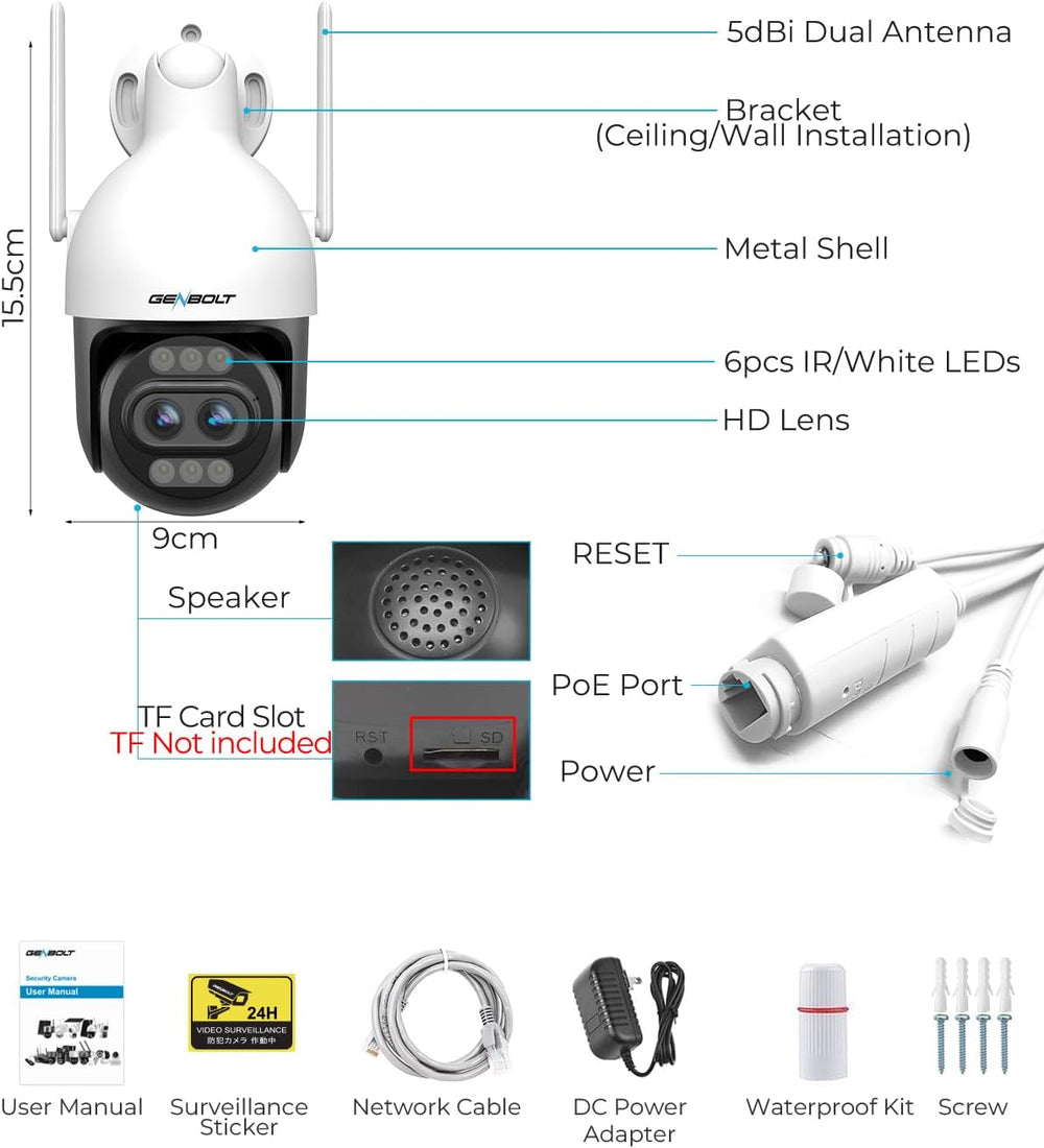 GENBOLT 4K WiFi Security Camera Outdoor Wired,8MP CCTV IP Camera with POE