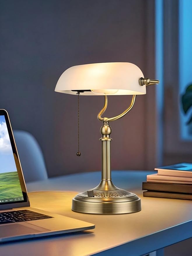 Newrays White Matted Glass Bankers Desk Lamp, Stepless Dimmable Table Lamp Plug