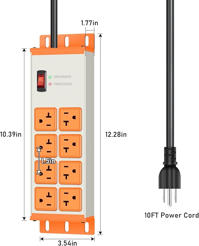 JUNNUJ Heavy Duty 20 Amp Surge Protector 4800J, Garage Metal 8 Outlets 12 Gauge