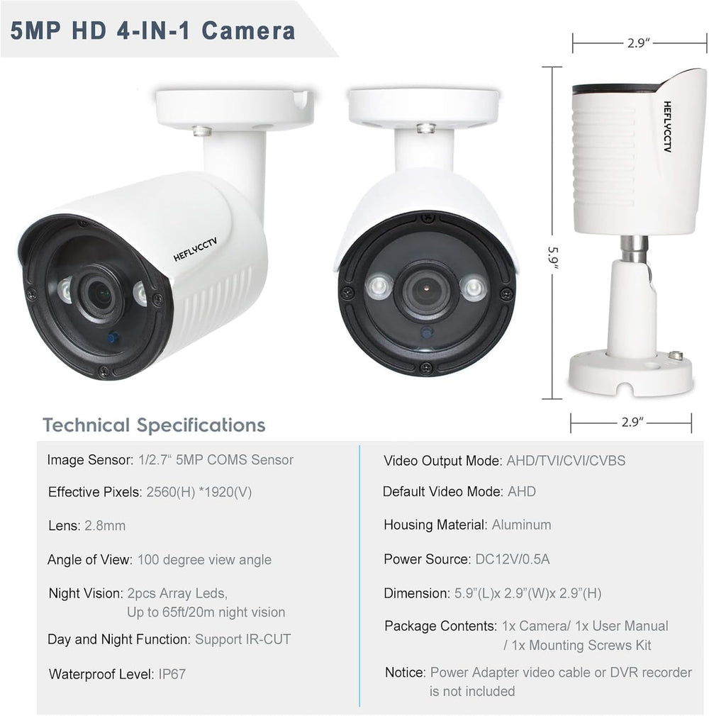 5MP Security Camera 4-in-1 CCTV Bullet Wired Cam,AHD/TVI/CVI/CVBS
