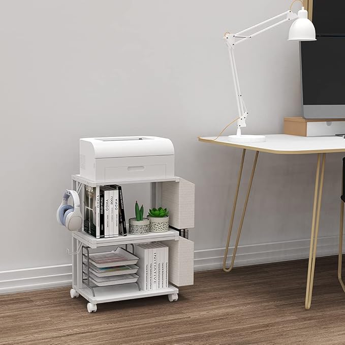 VEDECASA 2 Tier Modern White Wooden Under Desk Printer Stand