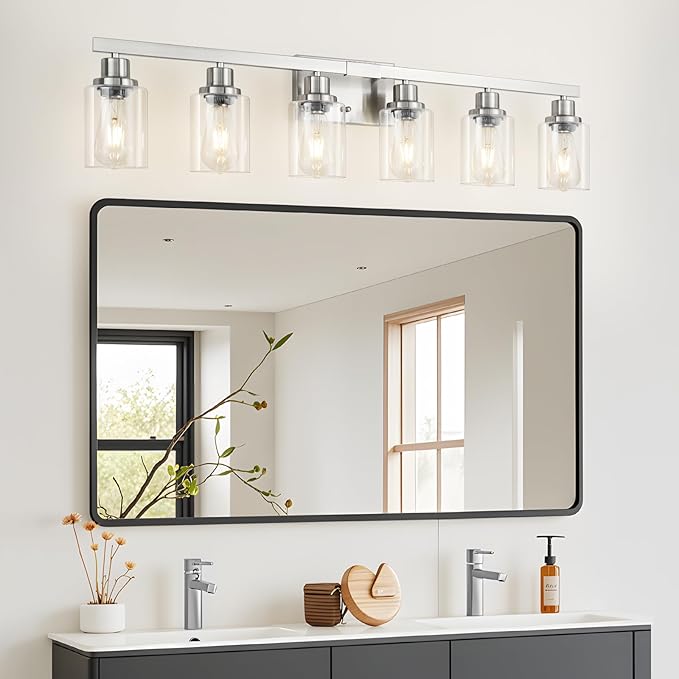 DIKAIDA Bathroom Vanity Light, 6-Light Nickel Modern Matte Wall Sconce Lighting