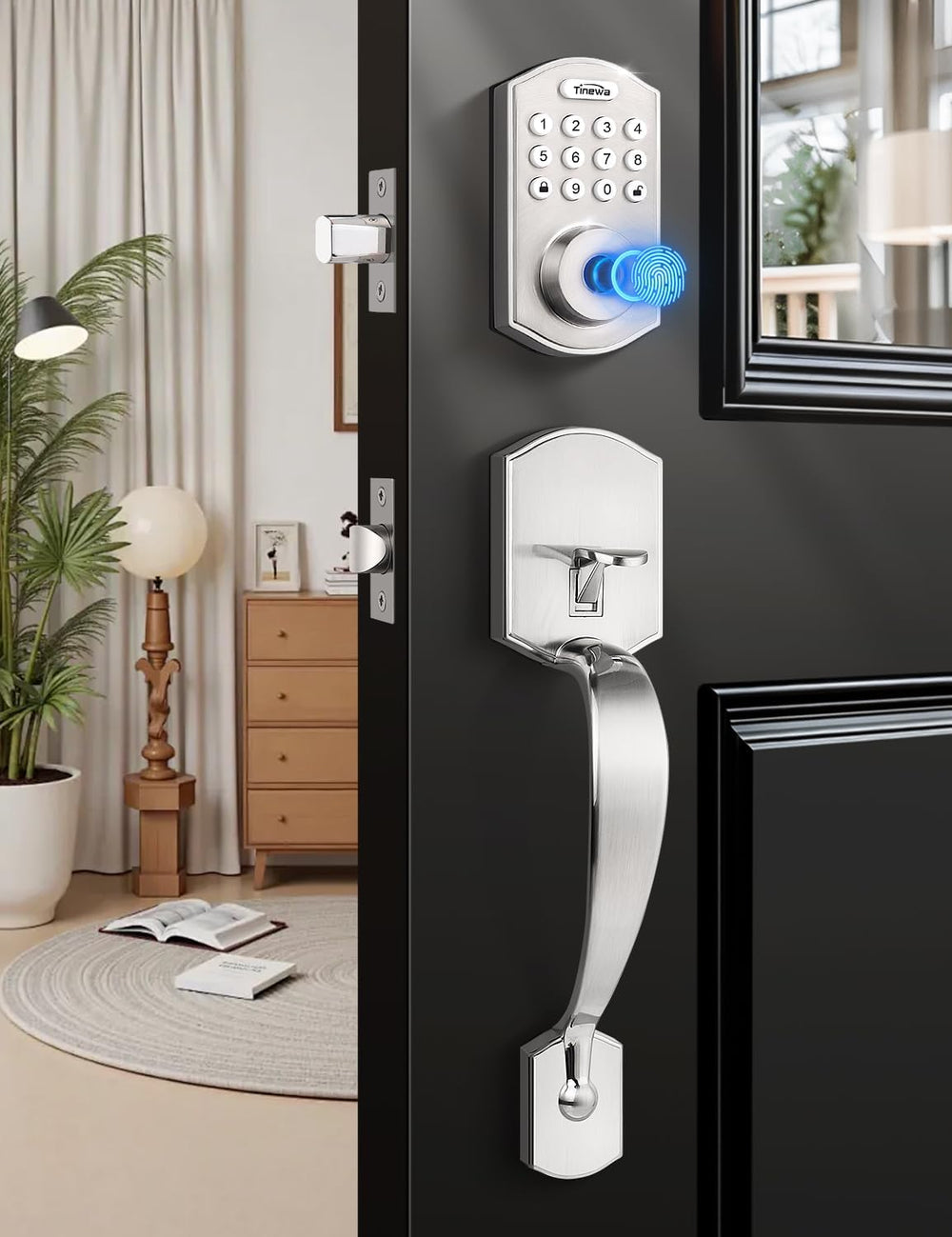 Tinewa Smart Locks for Front Door -Satin Nickel Keyless Entry Door Lock with ...