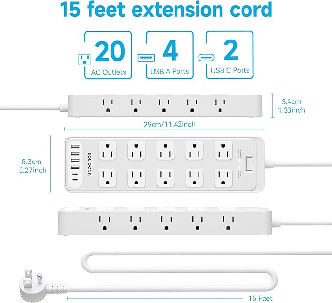 Solidock Power Strip Surge Protector Flat Plug
