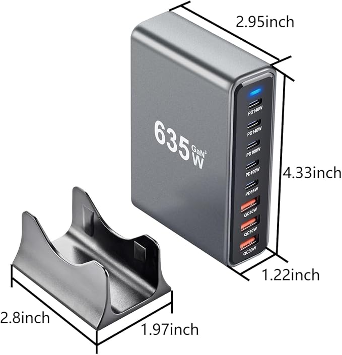 SquareWiz 635W GaN Super Fast Charging Station, 8 Port USB C Charger Block