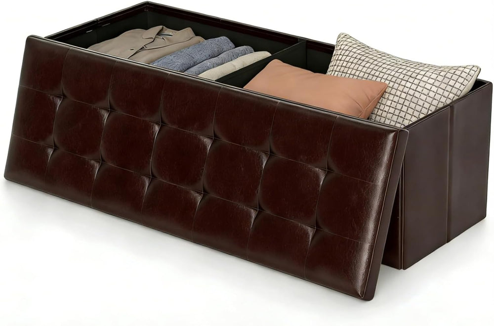 43" Folding Storage Ottoman Bench, Faux Leather Storage Chest, Brown